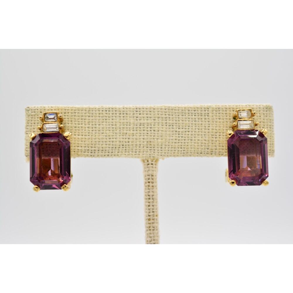 Christian Dior Vintage Crystal Clip On Earrings Purple Baguette Signed 80s BinAG